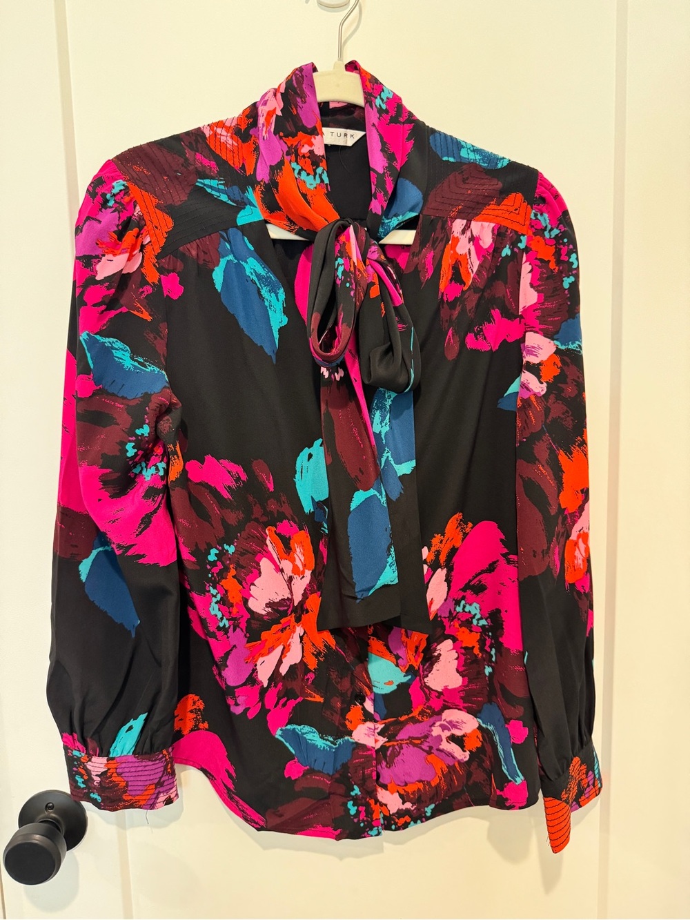Trina Turk Black Floral Tie-Bow Blouse with Pink, Teal & Orange Accents